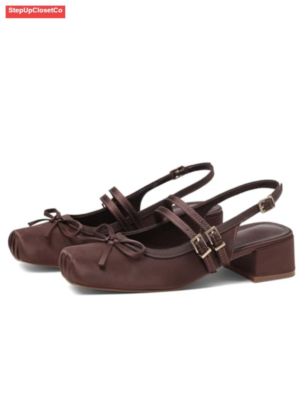 Satin Slingback Ballet Flats Low Block Heel Mary Jane Pumps